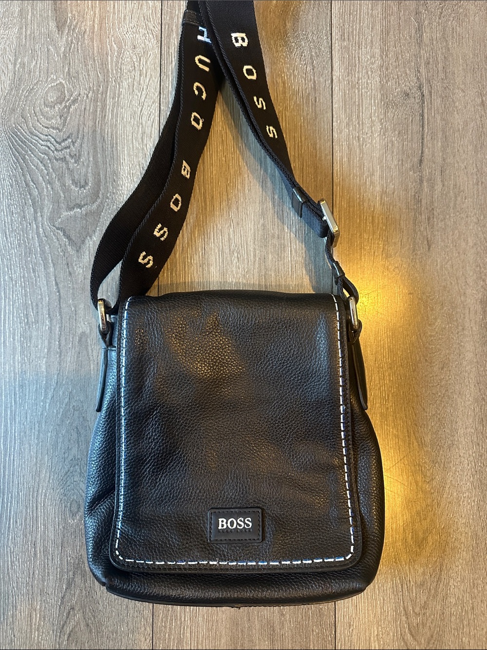 Hugo Boss black leather crossbody messenger bag